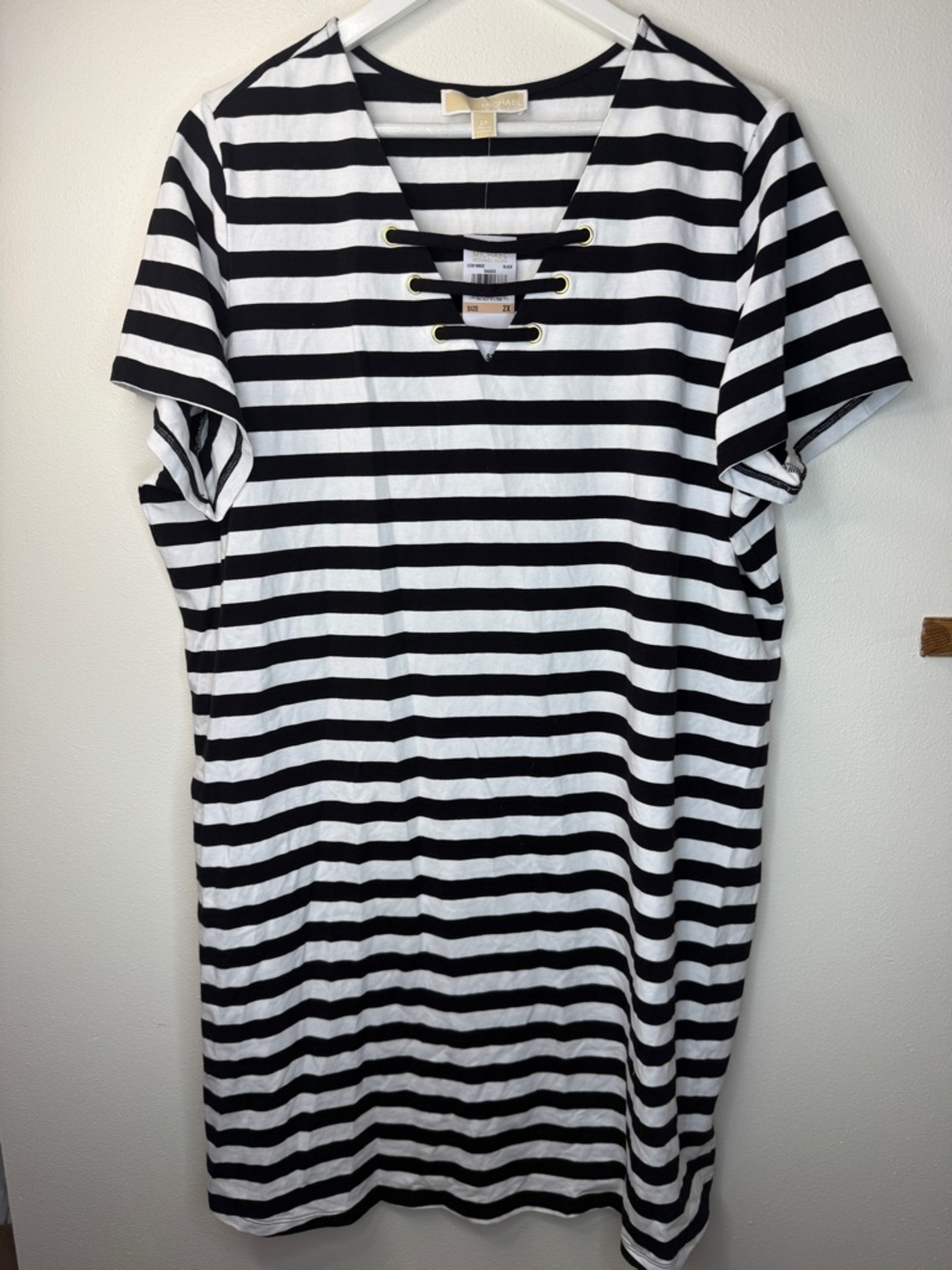 MICHAEL Michael Kors Black and White Striped Lace-Up Tee Dress